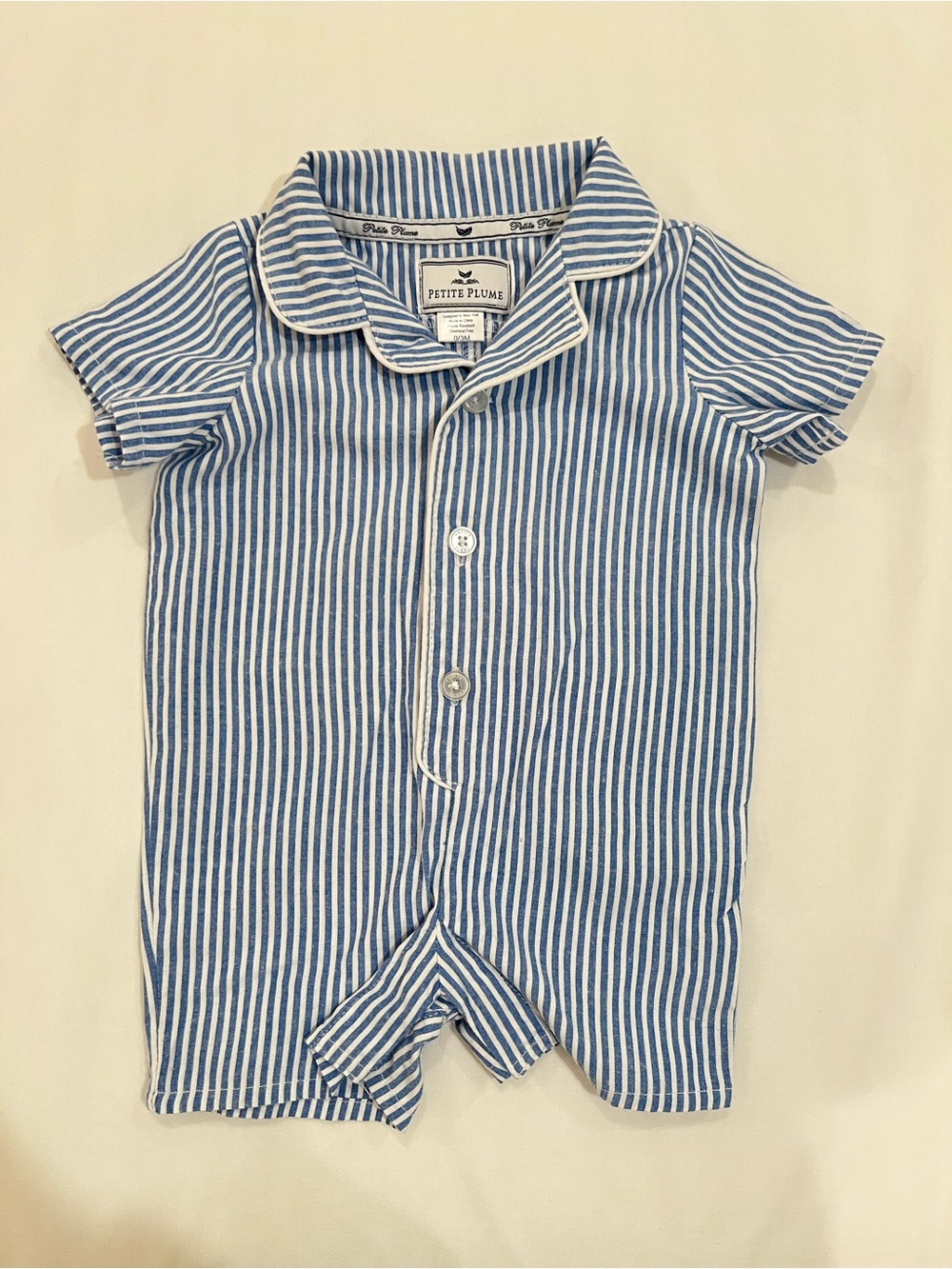 Petite Plume Blue & White Striped Romper with Contrast Piping